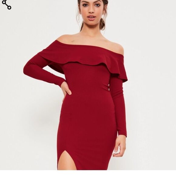 Missguided Off Shoulder Bardot Frill Midi Dress Feminine Event Party Slit - Picture 1 of 12